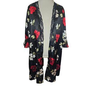 Y2K Retro Black Satin Floral House Robe‎ Open Duster Lace Red Whimsigoth Sz S